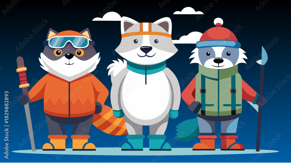 Obraz premium Polar bear, cat, fox, ski suits, ski poles, snowboard, mountains, snow, ice, overalls, goggles, equipment, hats, boots, bags, sneakers, trainers, football boots, sweater, scarf, earplugs