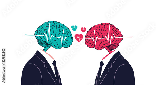 Two stylized brains in suits connect with heartbeats and electrocardiogram lines.
