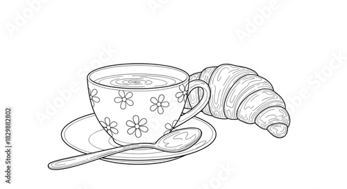 Line drawing of a floral teacup with a croissant and spoon on a saucer.