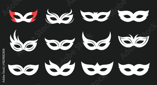 A collection of twelve different Venetian-style masks in white and red against a black background.