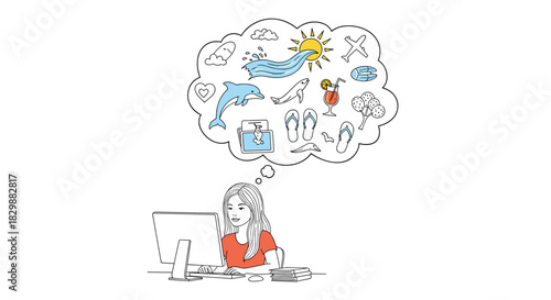 Young woman working on a computer dreams of a tropical vacation with sun, ocean, and travel icons.