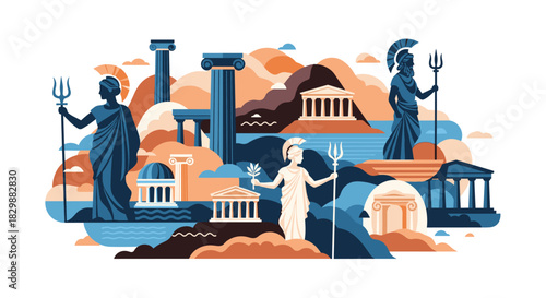 Illustration of ancient Greek gods and architecture with mythological elements.