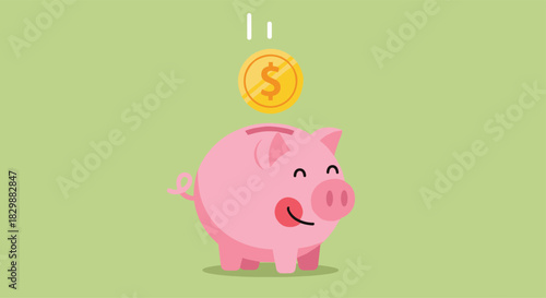 Cartoon pink piggy bank with a gold coin dropping into its slot on a plain green background.