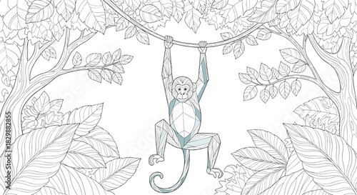 A stylized monkey hangs from a vine in a jungle setting, surrounded by lush foliage and trees.