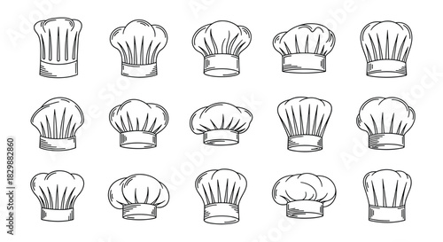Collection of stylized black and white chef hats in various designs.
