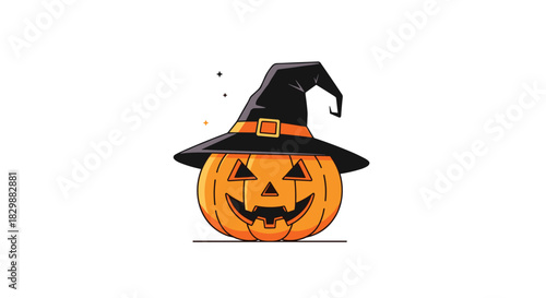 Cartoon illustration of a happy jack o'lantern wearing a witch hat on a white background.