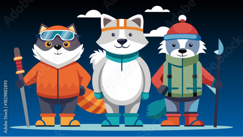 Polar bear, cat, fox, ski suits, ski poles, snowboard, mountains, snow, ice, overalls, goggles, equipment, hats, boots, bags, sneakers, trainers, football boots, sweater, scarf, earplugs