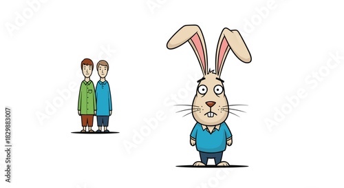 Two boys stand together and look at a worried bunny wearing a shirt and pants.