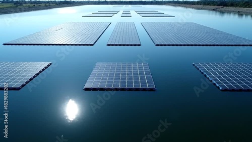 Floating solar panels array on calm water, a sustainable and innovative renewable energy power plant.