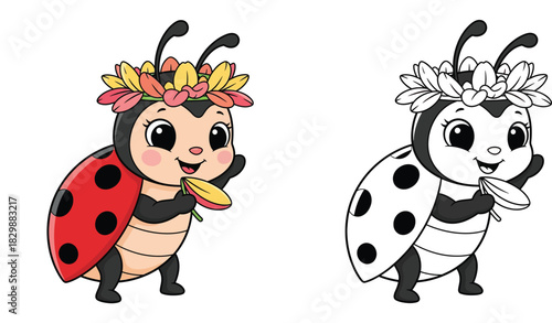 Cute cartoon ladybug wearing a flower crown vector illustration. Adorable red insect character mascot holding a petal isolated on white background.