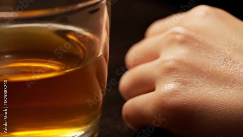 Hand next to a glass of amber spirit on a dark background, a moment of contemplation or relaxation with a drink.