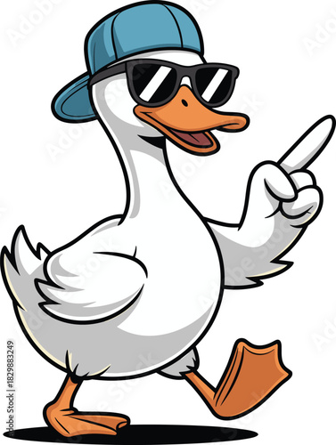 Cool cartoon duck, backward cap, sunglasses, confident pose, playful character, walking motion, black vector, fun mascot, stylish bird, attitude