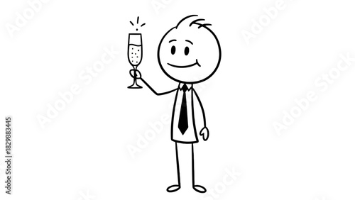 Celebrate Success: A stick figure businessman cheerfully toasts with champagne, embodying achievement and optimism, perfect for business milestones and celebratory announcements