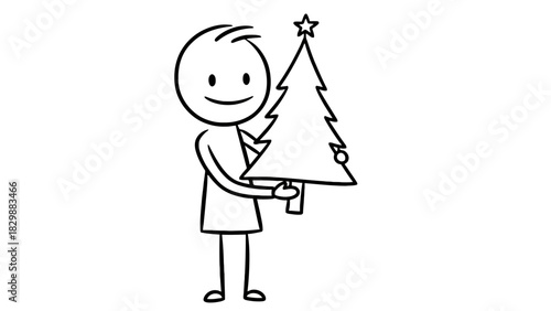 Festive holiday cheer with a hand-drawn stick figure happily carrying a Christmas tree, a simple illustration perfect for seasonal greetings and promotions