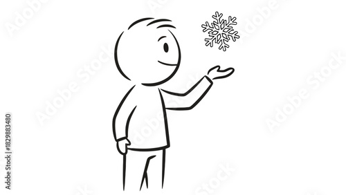 Stylized person with snowflake on outstretched hand, winter season concept, hand-drawn illustration for festive holiday designs, seasonal greeting cards