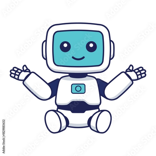 Cute sitting robot mascot waving welcoming illustration