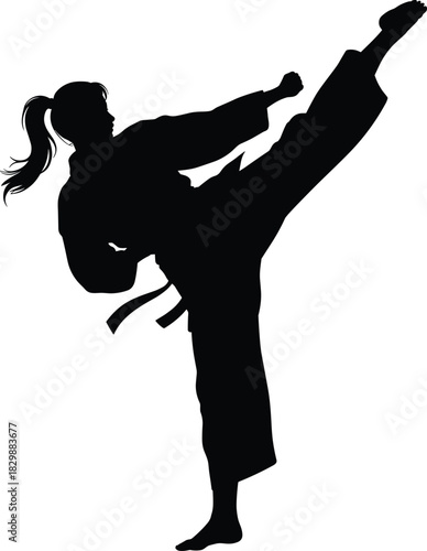 Martial arts kick silhouette, high leg pose, gi uniform, black vector, discipline stance, combat training, flexibility, strength, balance, technique