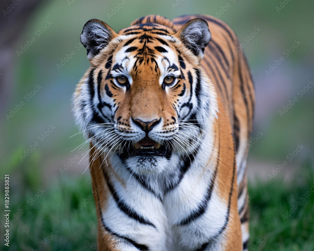 Fototapeta premium Magnificent tiger approaching, embodying power, grace, and wild beauty, perfect for wildlife conservation campaigns and evocative nature stories