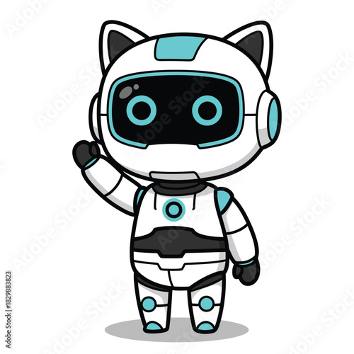 Cute Cat Robot Mascot Waving Hello Cartoon Vector
