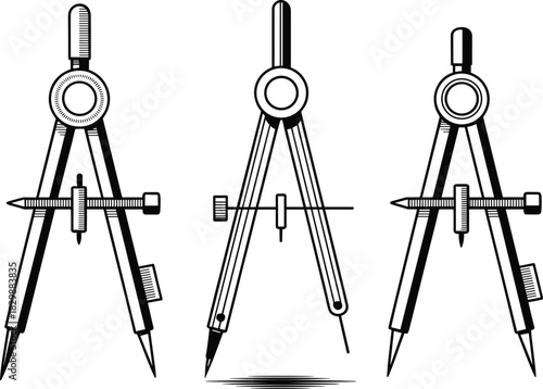 Drawing compass silhouette, geometry tool, technical illustration, drafting instrument, black vector, precision tool, math equipment, engineering icon, design aid, measurement