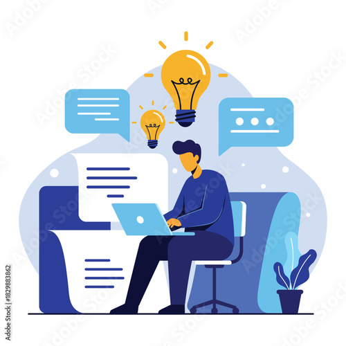 Man working laptop creative idea brainstorming flat vector illustration