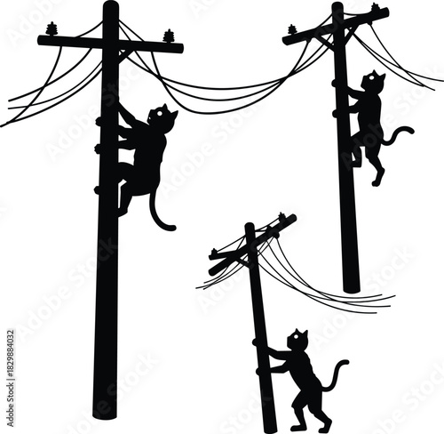 Cat silhouettes climbing utility poles with electrical wires, playful urban wildlife behavior, whimsical mischief, electricity hazard, dynamic animal interaction, creative silhouette illustration
