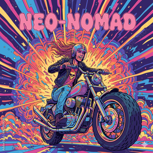 Psychedelic Comic Art Neo-Nomad Biker on Motorcycle