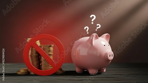 Symbolic representation of financial uncertainty and economic challenges with a questioning piggy bank next to a prohibited stack of coins, highlighting money problems and saving difficulties
