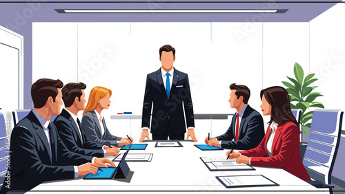 Business team in meeting with leader presenting at conference table, corporate discussion, teamwork strategy illustration for office and management concepts