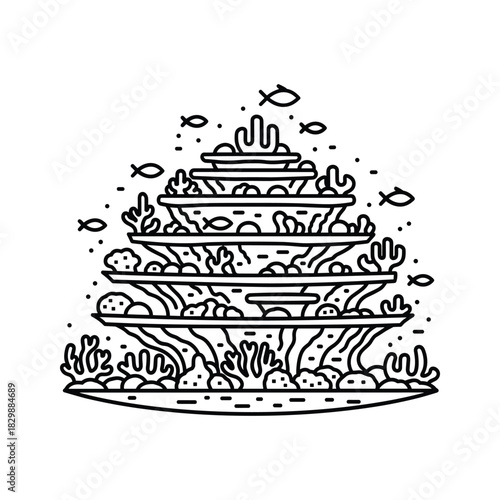 Tiered Coral Reef Ecosystem with Marine Life Outline Illustration