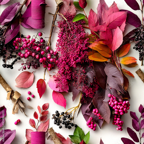 A seamless autumn flat lay composition with colorful pink leaves, dark berries, and magenta twine on a white background.