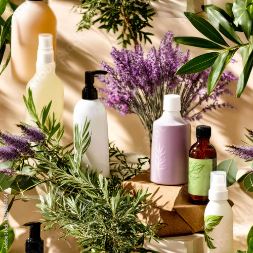 A seamless pattern of natural cosmetic bottles with pumps and sprays surrounded by fresh herbs and green leaves.