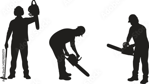 Silhouettes of workers operating chainsaws in various positions, professional lumberjack action set, safety equipment, woodcutting and forestry task illustration design