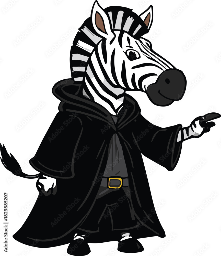 Fototapeta premium Cartoon zebra wizard in black hooded cloak, fantasy magical animal character illustration, mystical sorcerer costume, whimsical anthropomorphic design artwork