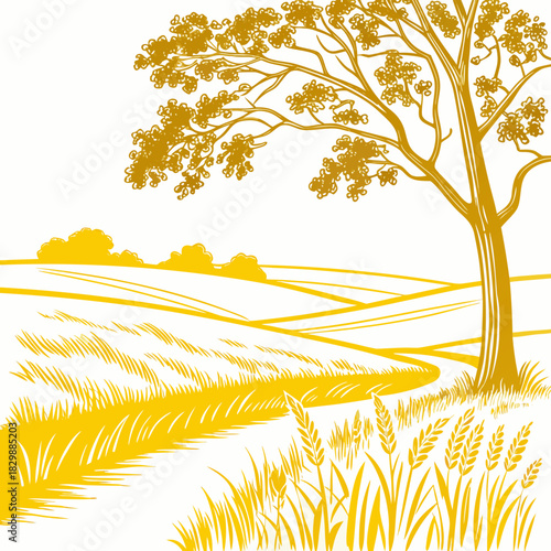 Golden wheat field and rolling hills under a tree with a winding path in a stylized illustration