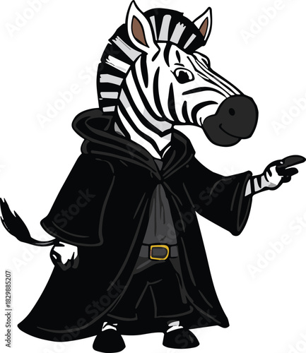 Cartoon zebra wizard in black hooded cloak, fantasy magical animal character illustration, mystical sorcerer costume, whimsical anthropomorphic design artwork