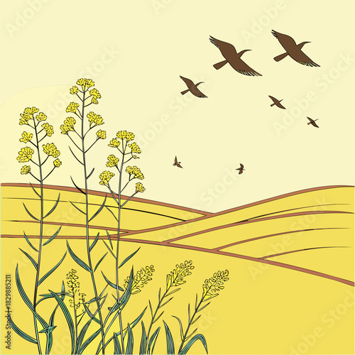 Stylized illustration of yellow rapeseed flowers in a field with birds flying in a pale yellow sky