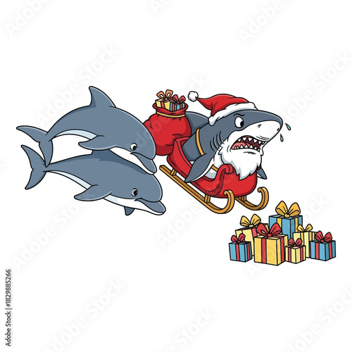 Santa Shark's Sea-cret Delivery: A jovial shark, adorned in Santa attire, navigates a sleigh across the ocean, delivering presents with his dolphin pals!