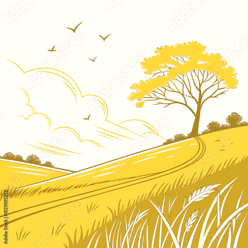 Golden wheat field under a cloudy sky with a lone tree and flying birds