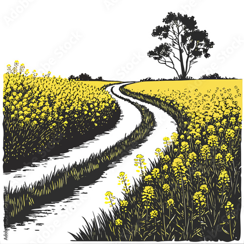 A winding dirt road through a vibrant yellow canola field under a clear sky with a solitary tree