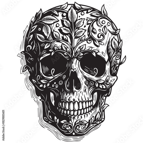 Black and white skull with floral ornamentation vector