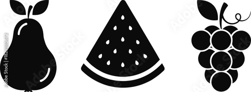 Vector Silhouette Set of Fresh Fruits, Pear, Watermelon, and Grapes Food Icons