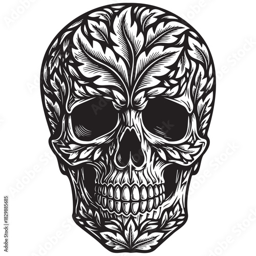 Black and white skull with ornate leaf pattern vector