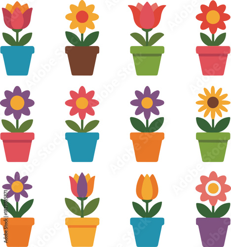 Set of beautiful flower and plant illustrations in pots for spring and summer garden botany