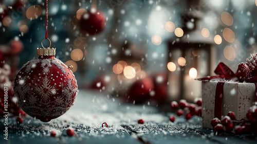 Christmas decorations with red ornaments and snowflakes on outdoor table