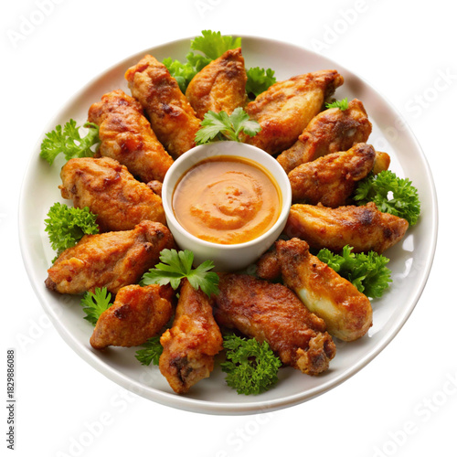 Plate of crispy baked chicken wings with dipping sauce isolated on transparent background