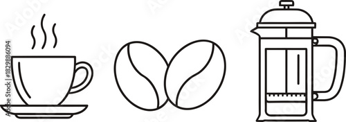 Vector Outline Set of Coffee Icons, French Press, Steaming Cup, and Coffee Bean Symbols