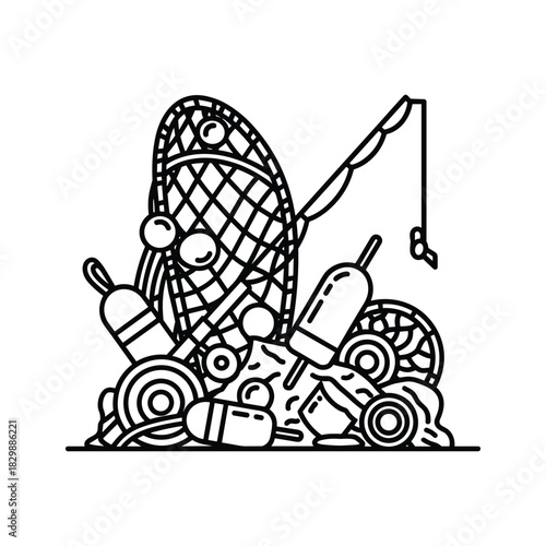 Black and White Line Art of Fishing Equipment Pile with Rod, Net, and Floats