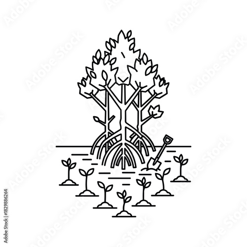 Mangrove Planting and Reforestation Line Art Icon