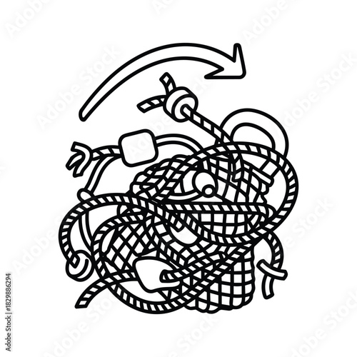 Tangled Ghost Fishing Gear and Marine Debris Icon with Arrow Symbolizing Ocean Pollution